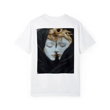 Two White Sculpture Faces Gold Hair