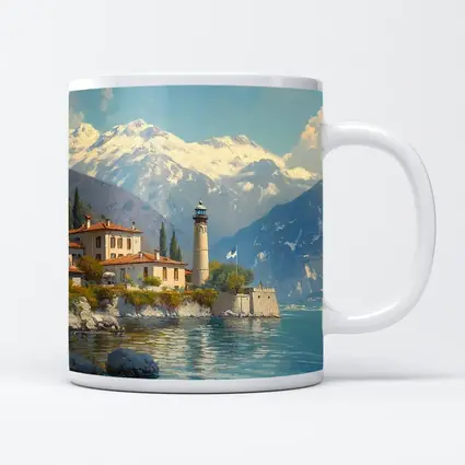 Italian Lake Villa Lighthouse Alpine Mountains Painting
