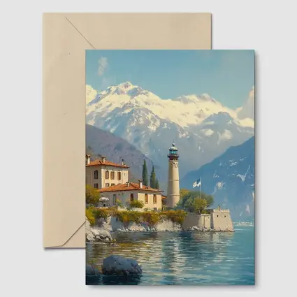 Italian Lake Villa Lighthouse Alpine Mountains Painting