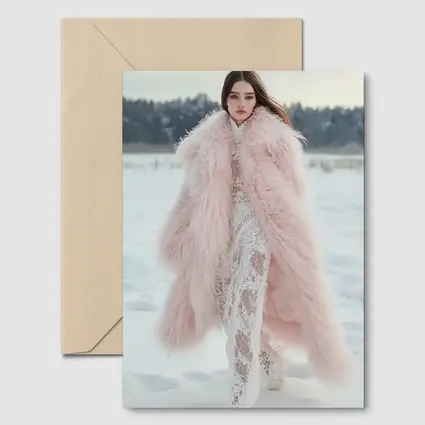 Pink Fur Coat Woman Snow Winter
