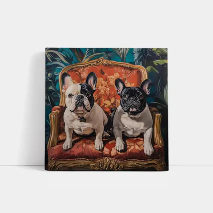 Two French Bulldogs Sitting On Ornate Chair