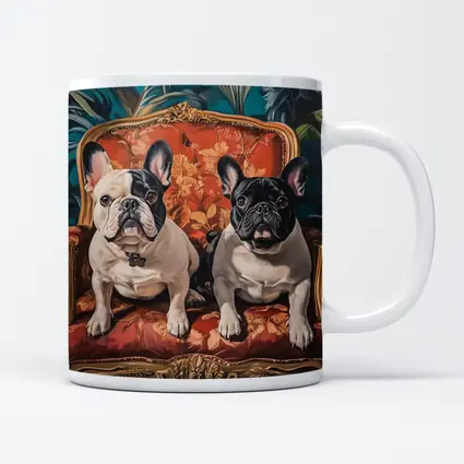 Two French Bulldogs Sitting On Ornate Chair