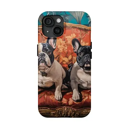 Two French Bulldogs Sitting On Ornate Chair