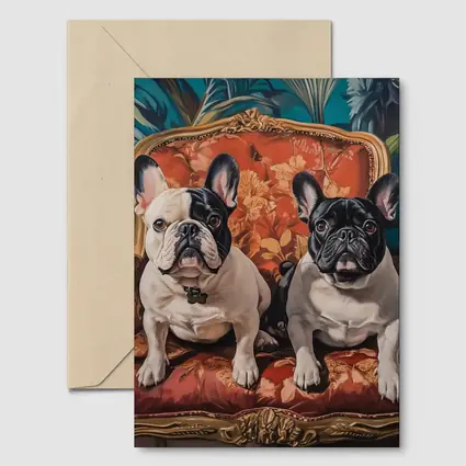 Two French Bulldogs Sitting On Ornate Chair