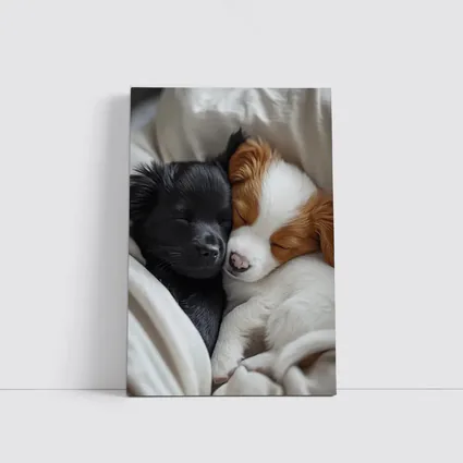 Two Sleeping Puppies Cuddled In Blankets