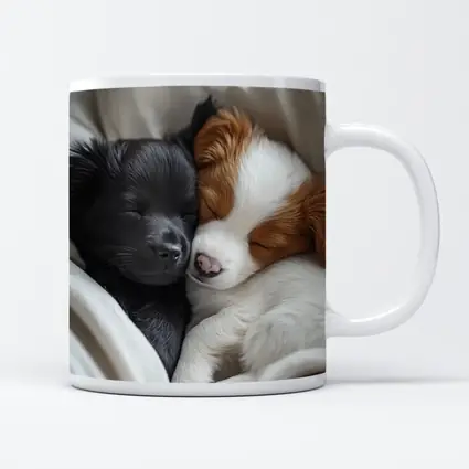Two Sleeping Puppies Cuddled In Blankets