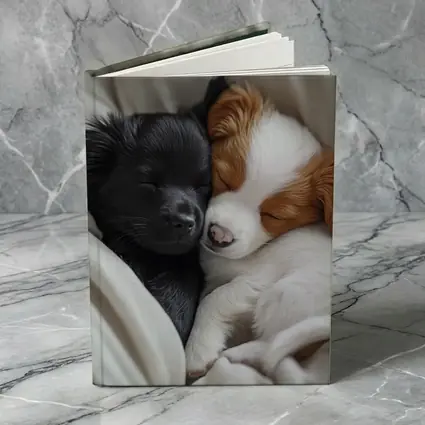 Two Sleeping Puppies Cuddled In Blankets