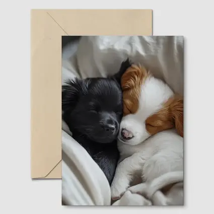 Two Sleeping Puppies Cuddled In Blankets
