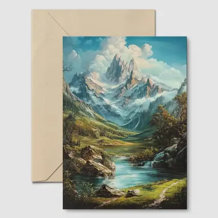 Alpine Mountain Valley River Landscape Painting