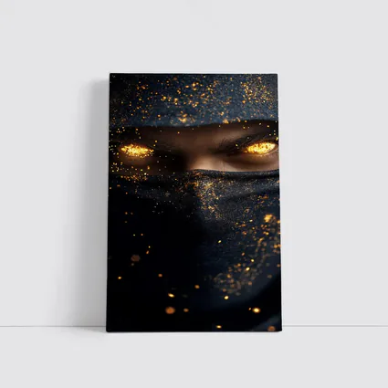 Masked Figure Glowing Gold Eyes Dark Background