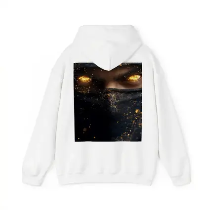 Masked Figure Glowing Gold Eyes Dark Background