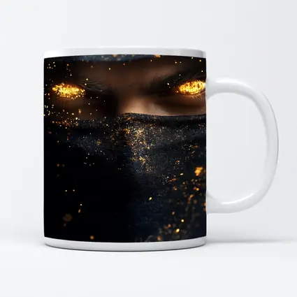 Masked Figure Glowing Gold Eyes Dark Background