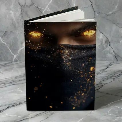 Masked Figure Glowing Gold Eyes Dark Background