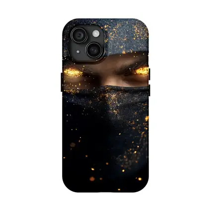 Masked Figure Glowing Gold Eyes Dark Background