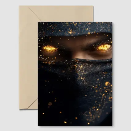 Masked Figure Glowing Gold Eyes Dark Background