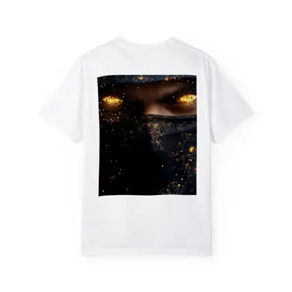 Masked Figure Glowing Gold Eyes Dark Background