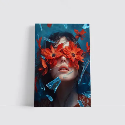 Woman Red Flowers Shattered Glass Blue Background
