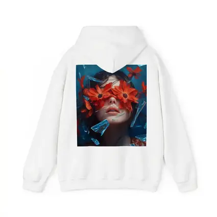Woman Red Flowers Shattered Glass Blue Background