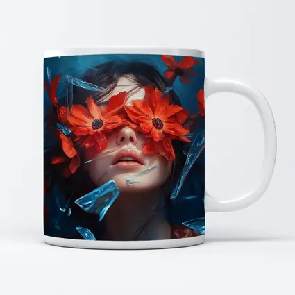 Woman Red Flowers Shattered Glass Blue Background