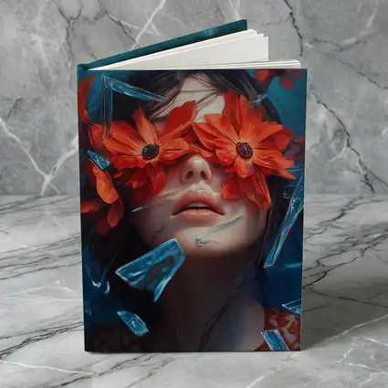 Woman Red Flowers Shattered Glass Blue Background