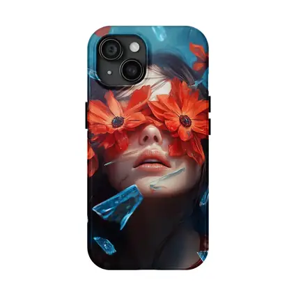 Woman Red Flowers Shattered Glass Blue Background