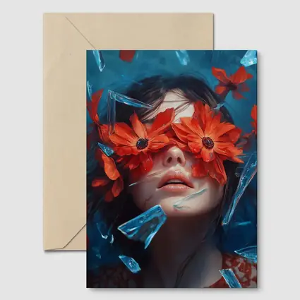 Woman Red Flowers Shattered Glass Blue Background