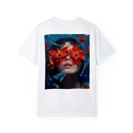 Woman Red Flowers Shattered Glass Blue Background