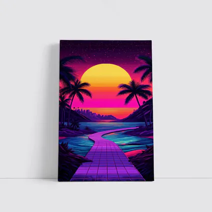 Retrowave Tropical Sunset Palm Tree Scene