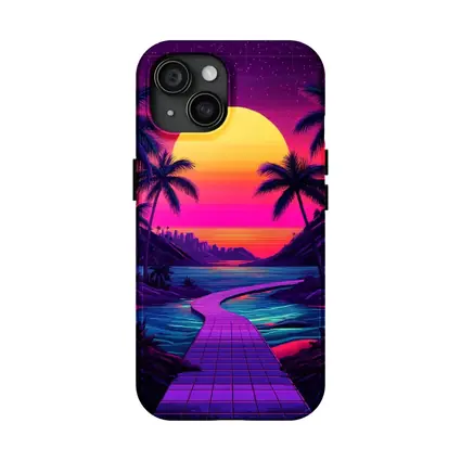 Retrowave Tropical Sunset Palm Tree Scene