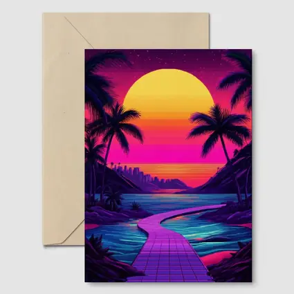 Retrowave Tropical Sunset Palm Tree Scene
