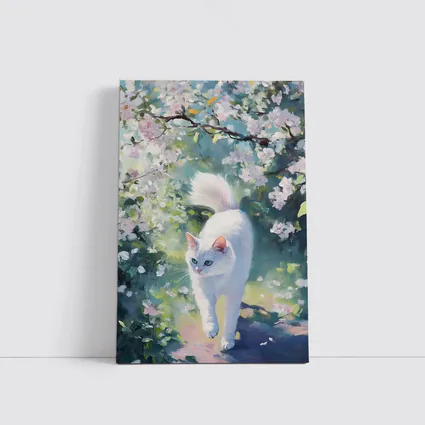 White Cat Walking Through Cherry Blossom Garden