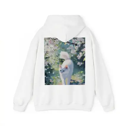 White Cat Walking Through Cherry Blossom Garden