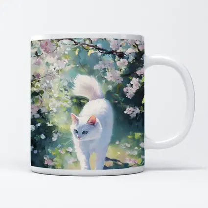 White Cat Walking Through Cherry Blossom Garden