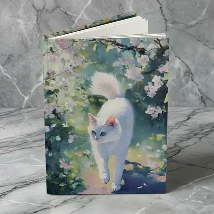 White Cat Walking Through Cherry Blossom Garden