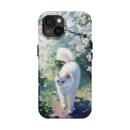 White Cat Walking Through Cherry Blossom Garden
