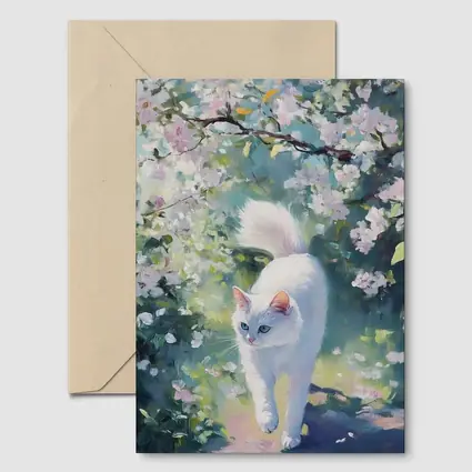 White Cat Walking Through Cherry Blossom Garden