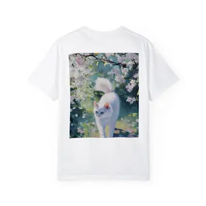 White Cat Walking Through Cherry Blossom Garden