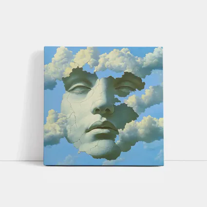 Cracked Stone Face Merging With Clouds Sky