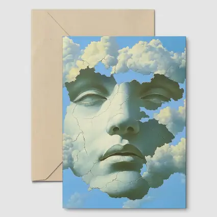 Cracked Stone Face Merging With Clouds Sky