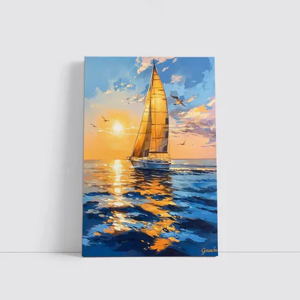 Sailboat Golden Sunset Ocean Gouache Painting