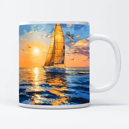 Sailboat Golden Sunset Ocean Gouache Painting