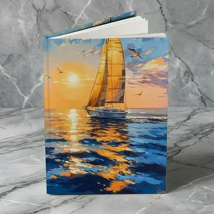 Sailboat Golden Sunset Ocean Gouache Painting