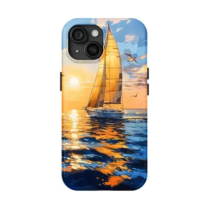 Sailboat Golden Sunset Ocean Gouache Painting