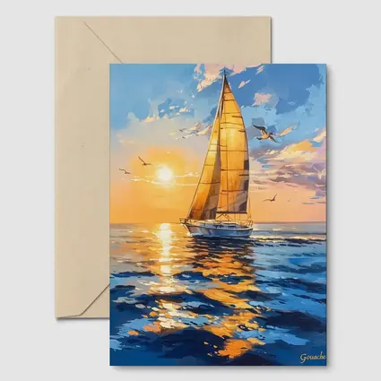Sailboat Golden Sunset Ocean Gouache Painting