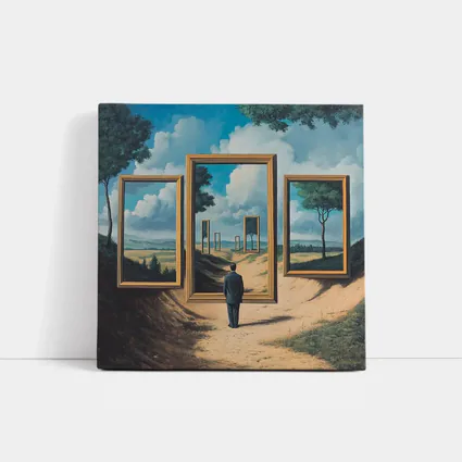 Surreal Man Standing Before Infinite Frames