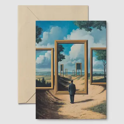 Surreal Man Standing Before Infinite Frames