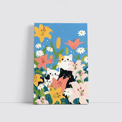 Cute Cats Among Lilies Floral Garden