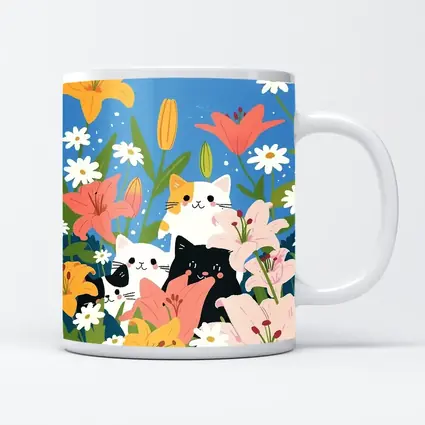 Cute Cats Among Lilies Floral Garden
