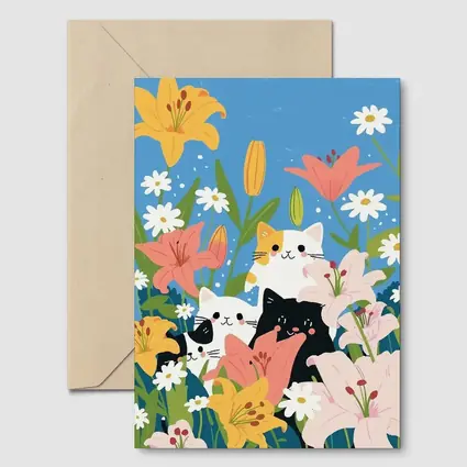 Cute Cats Among Lilies Floral Garden