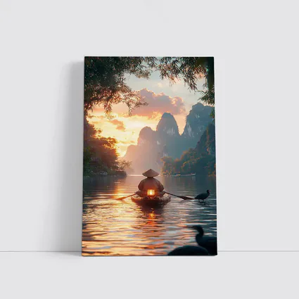 Fisherman Rowing Boat Karst Mountains Sunset